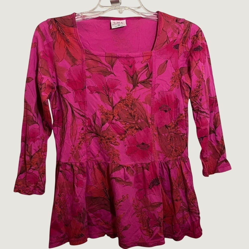 CMC Color Me Cotton Floral Square Neck Top Womens XS Pink Red 3/4 Sleeve